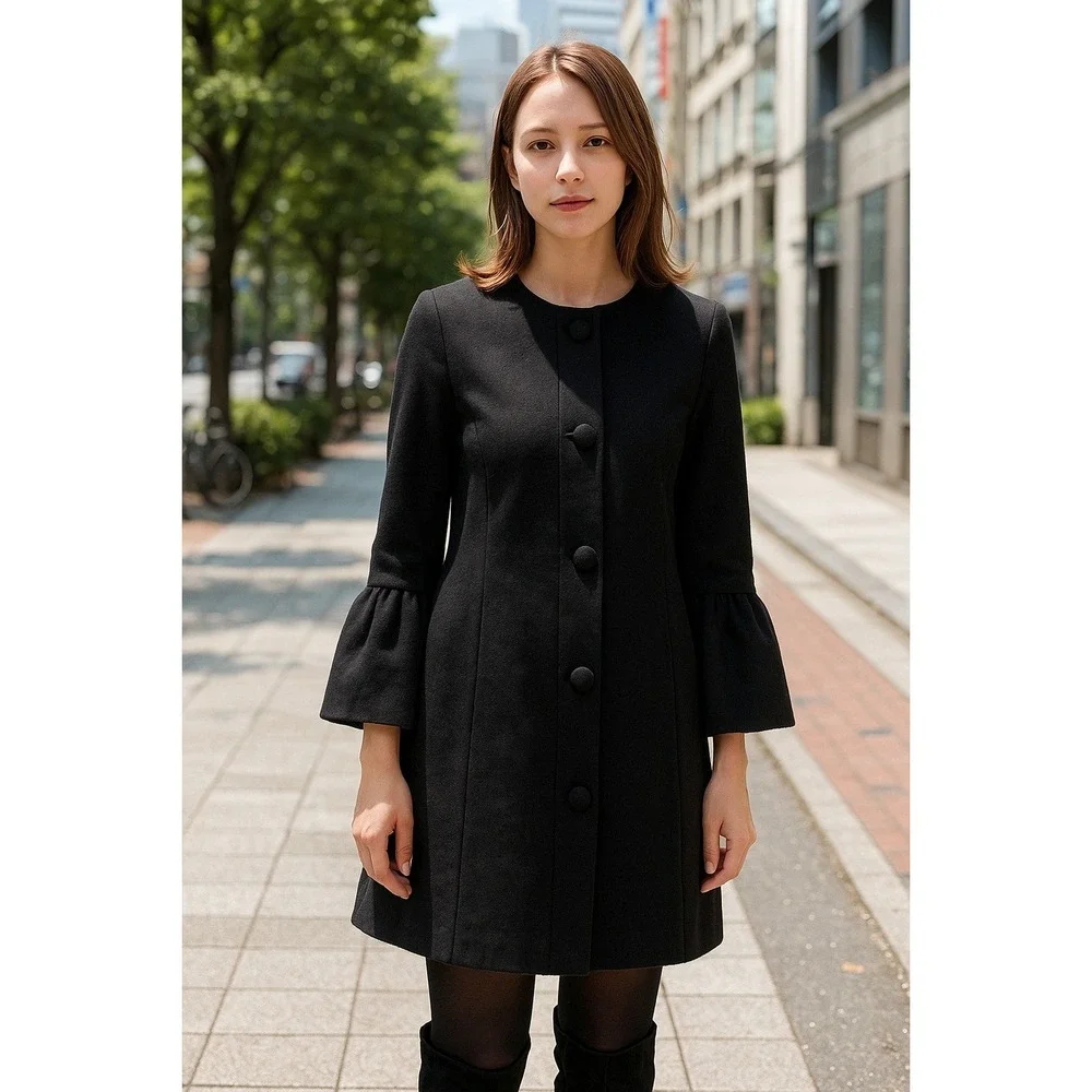 Nanette Lepore Boiled Wool Pea Coat Womens Small Black Bell Sleeve Button‎ Front